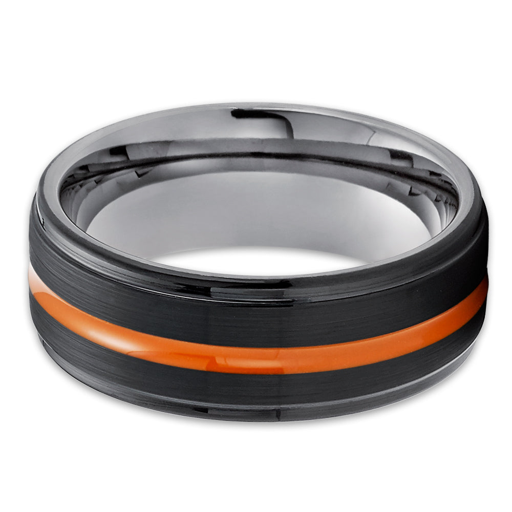 Orange Wedding Ring - Black Tungsten Ring - Gunmetal Ring - Orange Wedding Ring - Brush