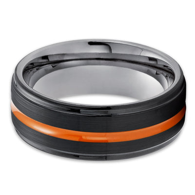 Orange Wedding Ring - Black Tungsten Ring - Gunmetal Ring - Orange Wedding Ring - Brush