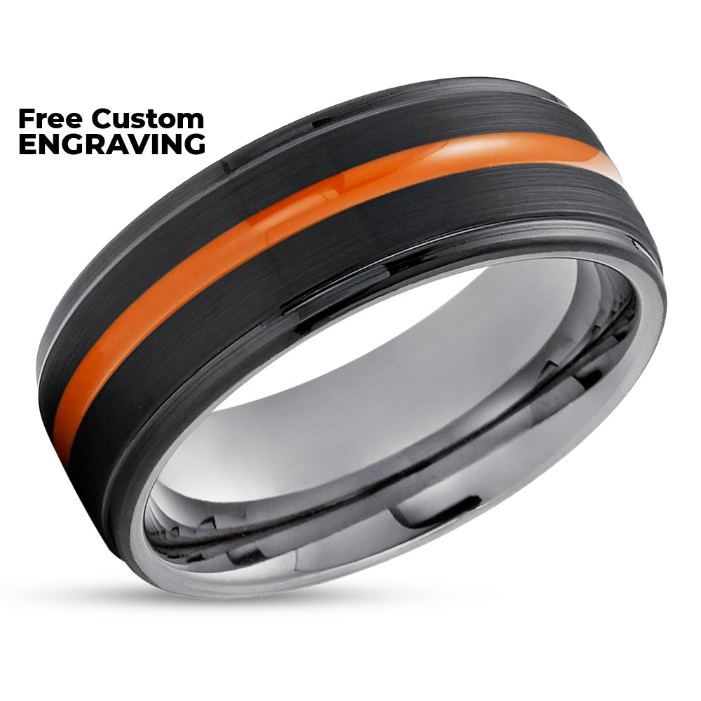 Orange Wedding Ring - Black Tungsten Ring - Gunmetal Ring - Orange Wedding Ring - Brush