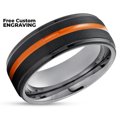 Orange Wedding Ring - Black Tungsten Ring - Gunmetal Ring - Orange Wedding Ring - Brush