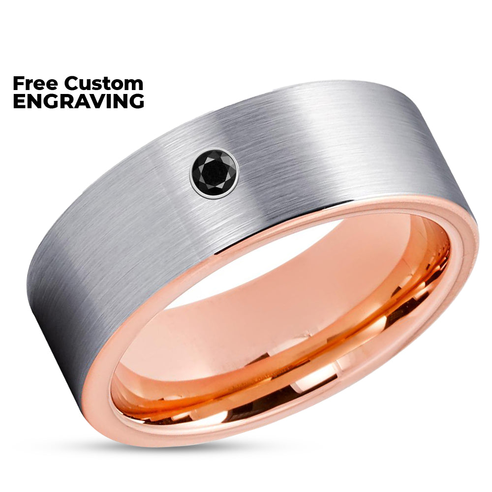 Rose Gold Tungsten Ring - Black Diamond Ring - Rose Gold Tungsten Band- Wedding Ring