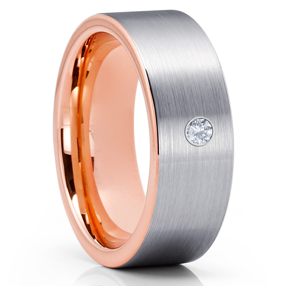 White Diamond Tungsten Ring - Rose Gold Tungsten Ring - Tungsten Carbide - Clean Casting Jewelry