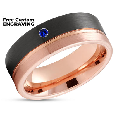 Black Wedding Ring - Rose Gold Tungsten Ring - Blue Sapphire Ring - Man's Wedding Ring