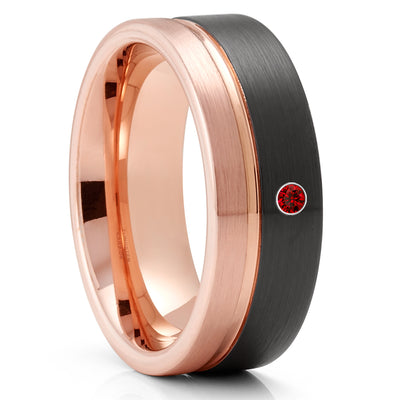 Black Tungsten Wedding Band - Rose Gold Wedding Ring - Ruby Wedding Ring - Black Ring