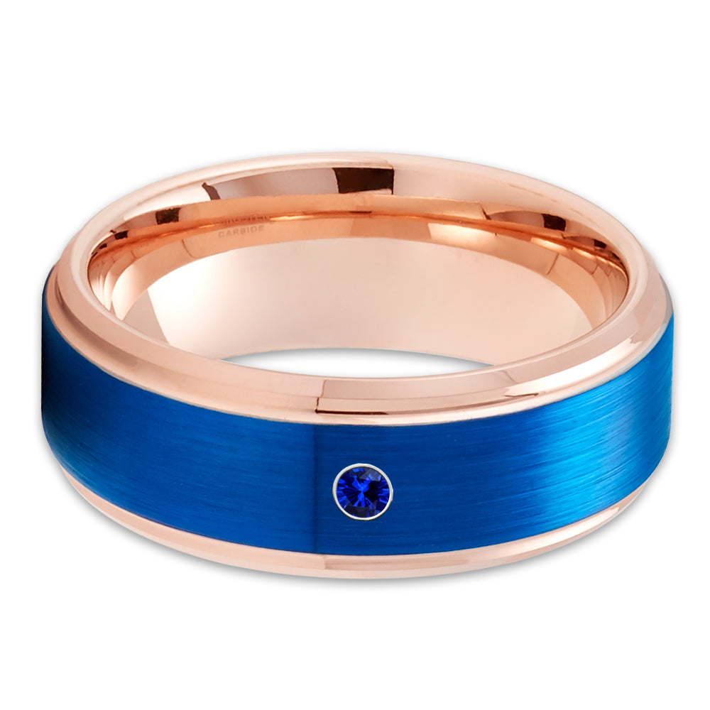 Rose Gold Wedding Ring - Blue Sapphire Ring - Tungsten Wedding Ring - Wedding Band