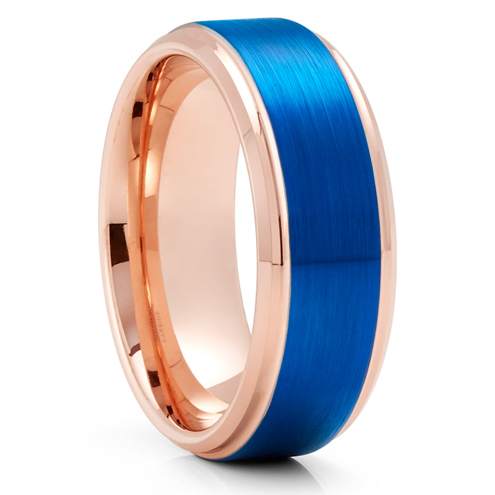 Blue Tungsten Wedding Ring - Rose Gold Wedding Ring - Tungsten Carbide Ring - Blue