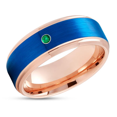 Rose Gold Wedding Ring - Emerald Wedding Ring - Blue Tungsten Ring - Tungsten Ring - Band