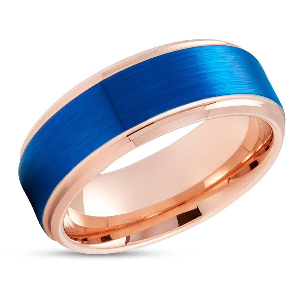 Blue Tungsten Wedding Ring - Rose Gold Wedding Ring - Tungsten Carbide Ring - Blue
