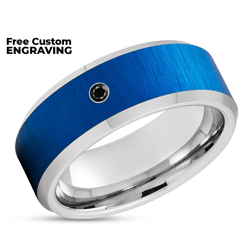 Blue Tungsten Ring - Silver Tungsten Ring - Men's Wedding Band - Black Diamond Ring