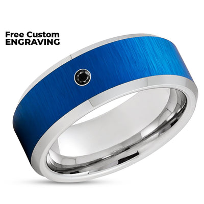 Blue Tungsten Ring - Silver Tungsten Ring - Men's Wedding Band - Black Diamond Ring