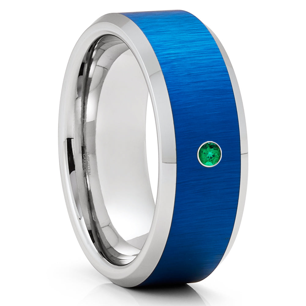 Blue Tungsten Wedding Ring - Emerald Wedding Ring - Tungsten Wedding Band - Engagement Ring