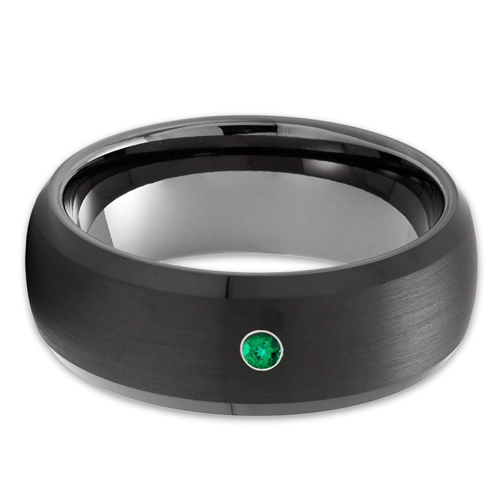 Black Wedding Band - Gunmetal Wedding Ring - Emerald Wedding Ring - Man's Wedding Ring
