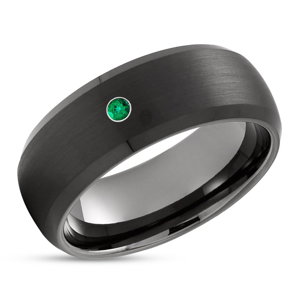 Black Wedding Band - Gunmetal Wedding Ring - Emerald Wedding Ring - Man's Wedding Ring