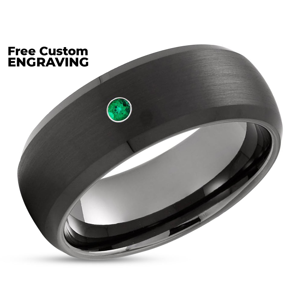 Black Wedding Band - Gunmetal Wedding Ring - Emerald Wedding Ring - Man's Wedding Ring