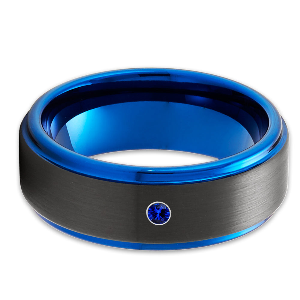 Black Wedding Ring - Blue Wedding Ring - Tungsten Wedding Ring - Blue Sapphire Ring