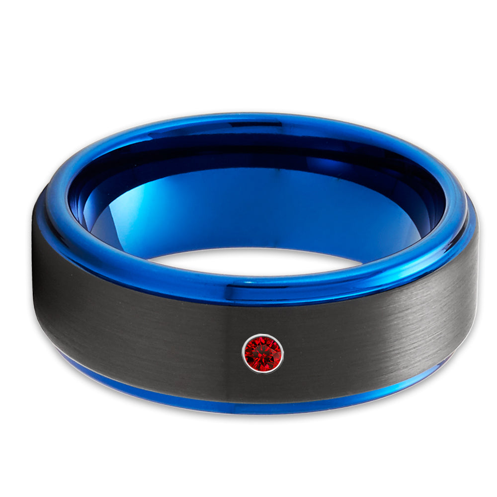 Blue Wedding Ring - Black Tungsten Wedding Ring - Ruby Wedding Band - Man's Ring