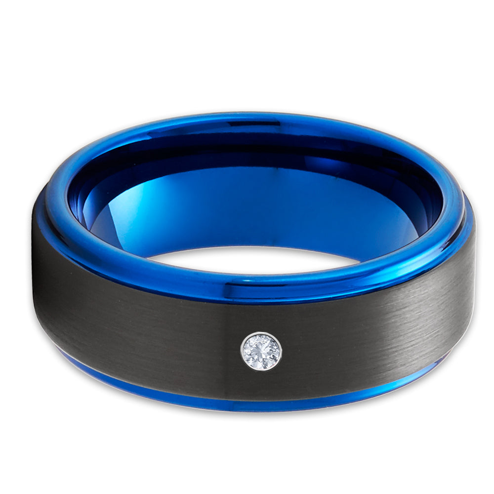 Black Tungsten Wedding Ring - Blue Wedding Ring - Diamond Ring - White Diamond Ring - Black Ring