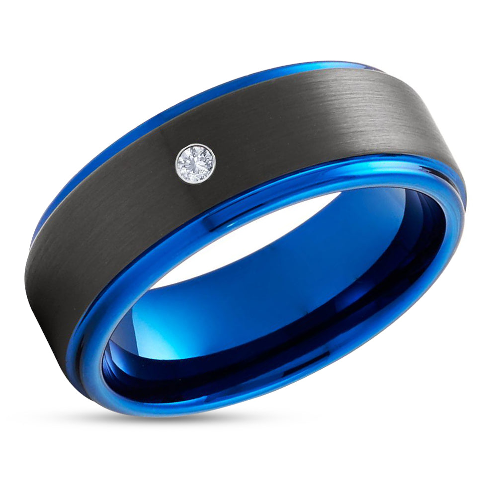 Black Tungsten Wedding Ring - Blue Wedding Ring - Diamond Ring - White Diamond Ring - Black Ring
