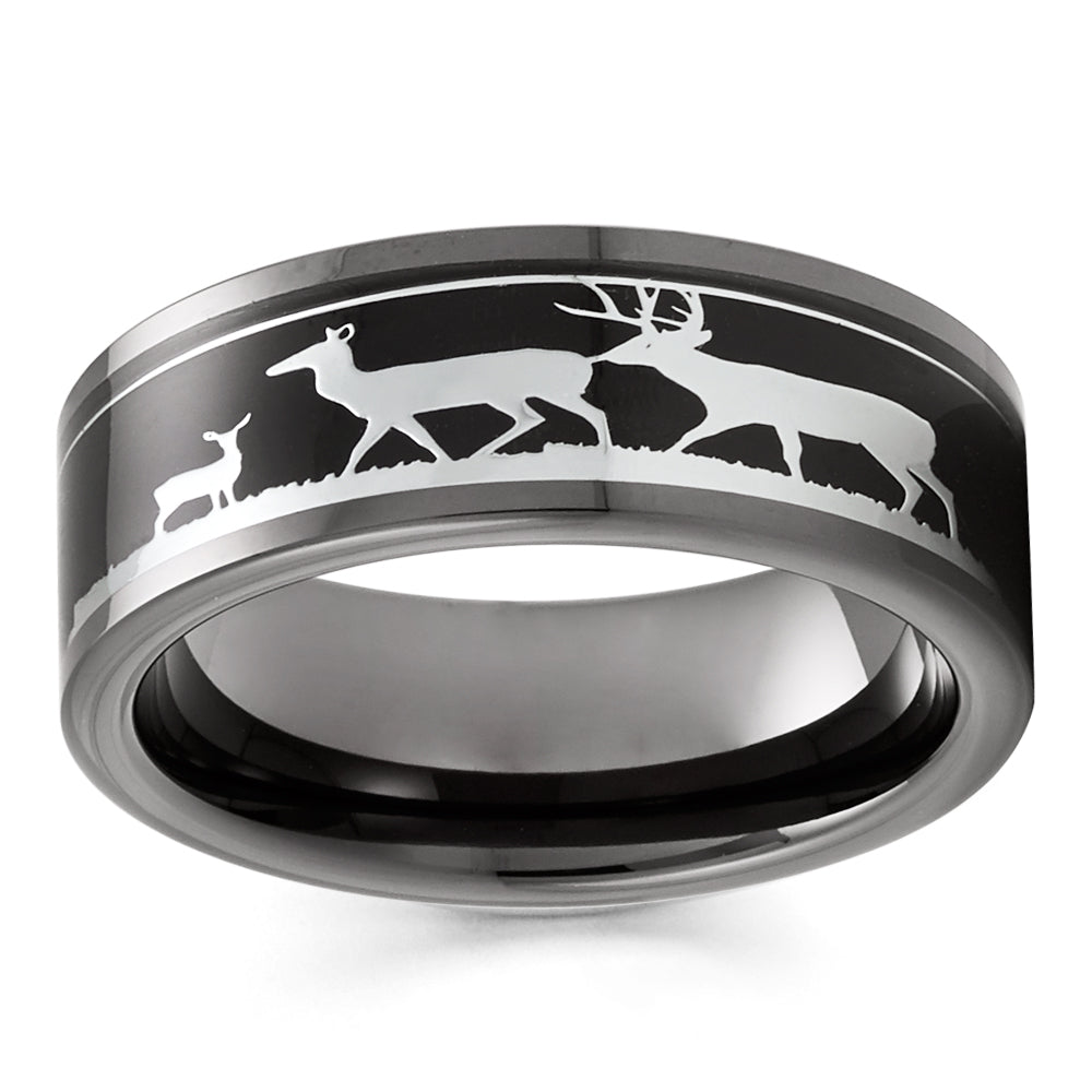 Outdoorsman Ring - Deer Hunter Tungsten Ring - Gunmetal Wedding Ring - Tungsten Ring