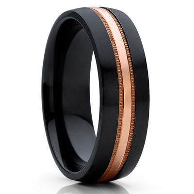 Black Wedding Ring - Rose Gold Wedding Band - Black Zirconium Ring - Anniversary Ring