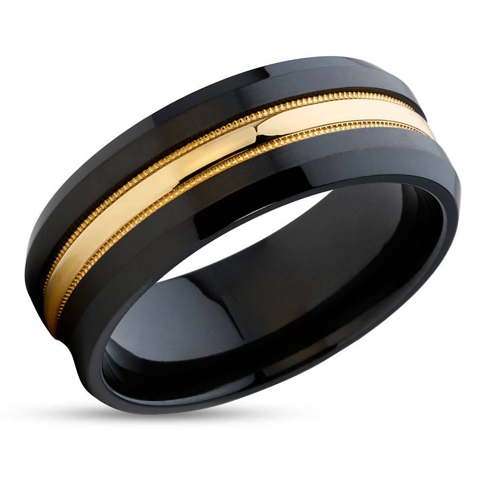 Black Zirconium Ring - 14k Yellow Gold Ring - Black Wedding Ring - Zirconium Wedding Ring