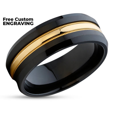 Black Zirconium Ring - 14k Yellow Gold Ring - Black Wedding Ring - Zirconium Wedding Ring