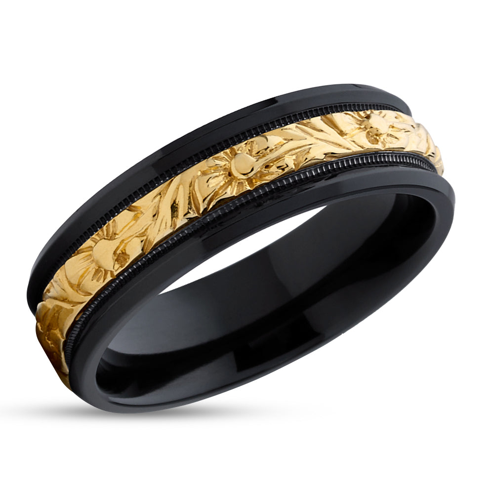 Zirconium Wedding Ring - Black Wedding Ring - 14k Yellow Gold - Zirconium Ring - Flower Ring