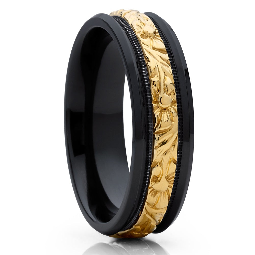 Zirconium Wedding Ring - Black Wedding Ring - 14k Yellow Gold - Zirconium Ring - Flower Ring