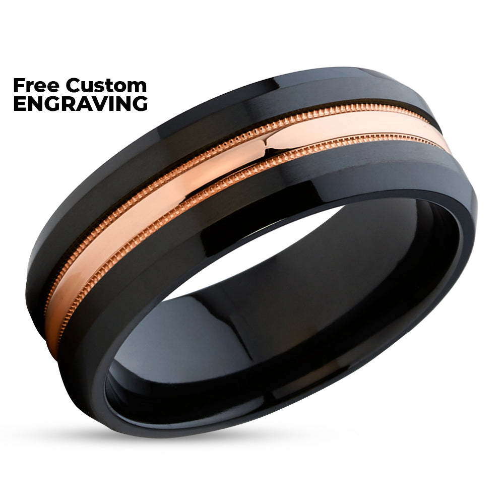 Black Wedding Ring - Black Zirconium Wedding Ring - 14k Rose Gold Ring - Anniversary Ring