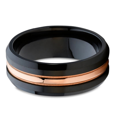 Black Wedding Ring - Black Zirconium Wedding Ring - 14k Rose Gold Ring - Anniversary Ring