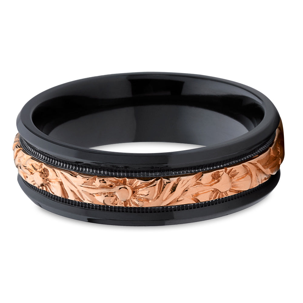 Zirconium Wedding Ring - Black Wedding Ring - 14k Rose Gold - Black Zirconium Ring