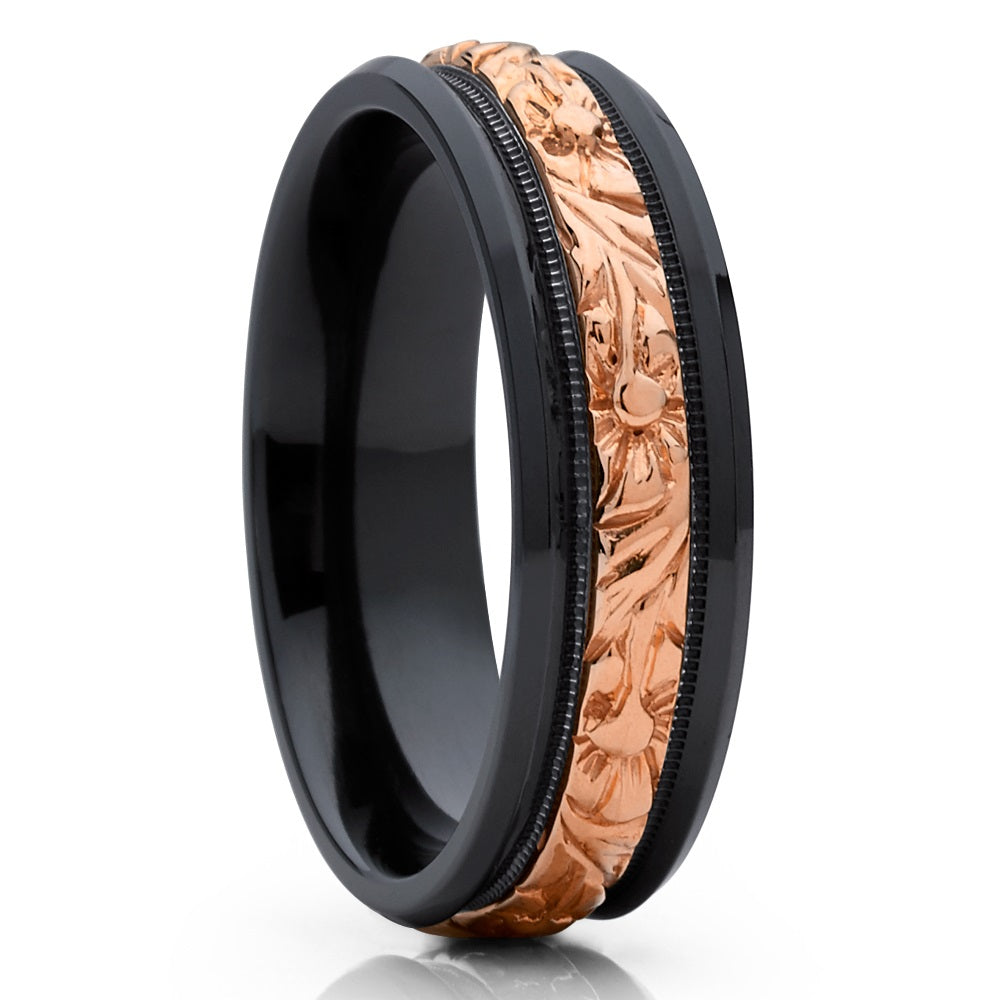 Zirconium Wedding Ring - Black Wedding Ring - 14k Rose Gold - Black Zirconium Ring