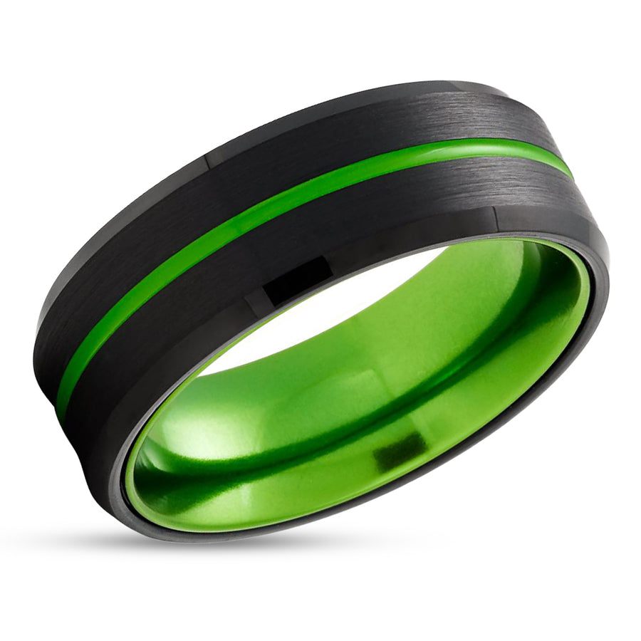 Black Tungsten Ring - Green Wedding Ring - Green Tungsten Ring - Anniversary Ring