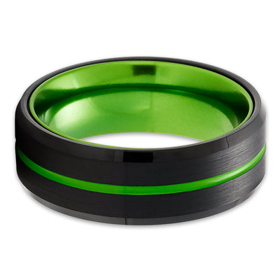 Black Tungsten Ring - Green Wedding Ring - Green Tungsten Ring - Anniversary Ring
