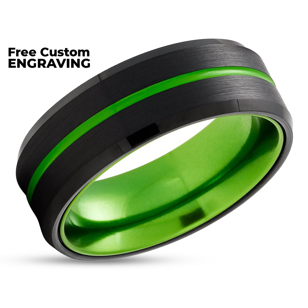 Black Tungsten Ring - Green Wedding Ring - Green Tungsten Ring - Anniversary Ring