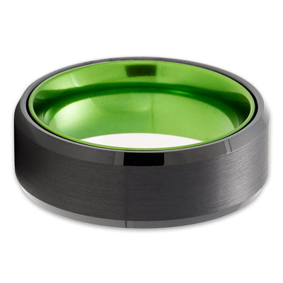 Green Tungsten Wedding Ring - Black Tungsten Ring - Black Wedding Band - Green Ring