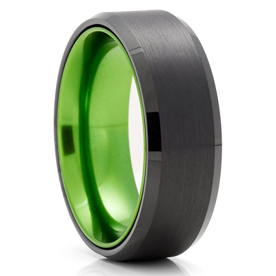 Green Tungsten Wedding Ring - Black Tungsten Ring - Black Wedding Band - Green Ring