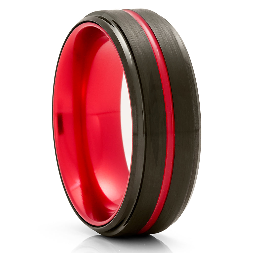 Red Tungsten Wedding Ring - Black Wedding Ring - Tungsten Wedding Ring - Red Ring