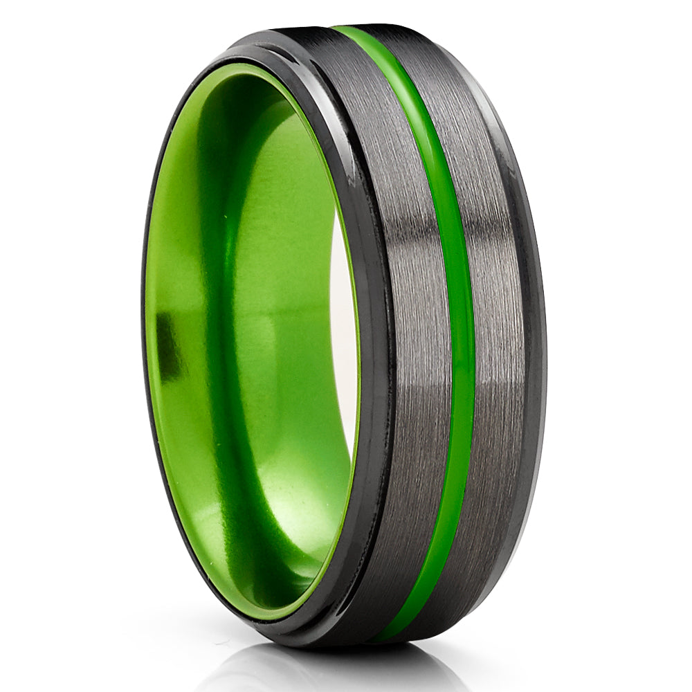 Green Tungsten Ring - Green Wedding Band - Gunmetal Wedding Ring - Green Ring
