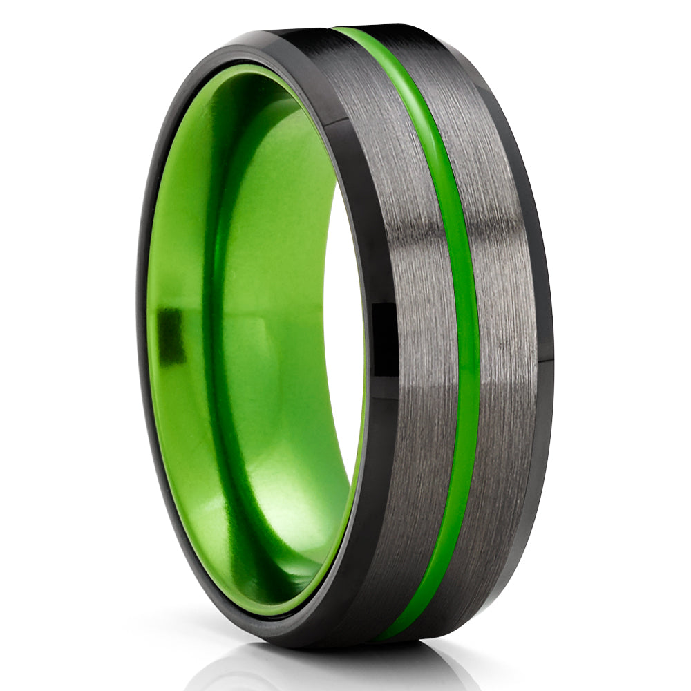 Gunmetal Tungsten Wedding Ring - Green Wedding Ring - Black Tungsten Ring - Green Ring