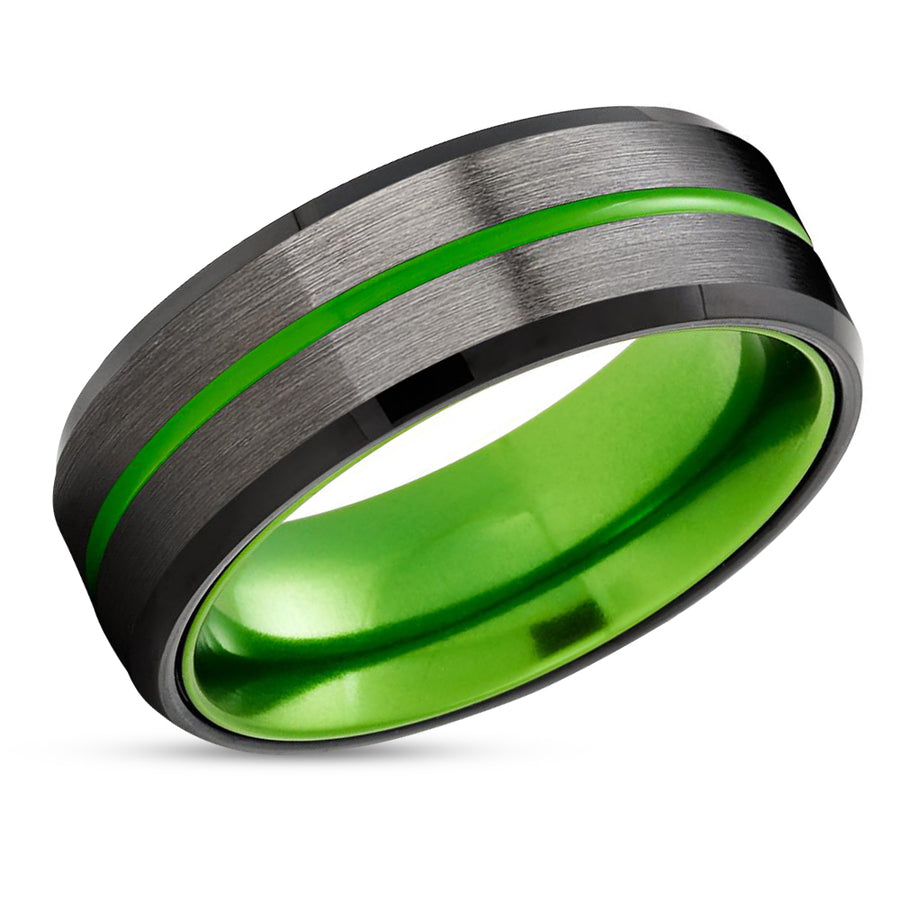 Gunmetal Tungsten Wedding Ring - Green Wedding Ring - Black Tungsten Ring - Green Ring
