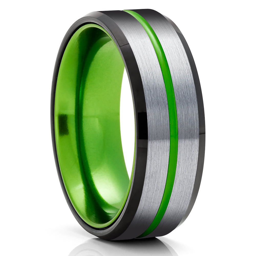 Green Wedding Ring - Black Tungsten Ring - Green Tungsten Ring - 8mm Ring - 6mm Ring