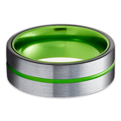 Green Tungsten Wedding Ring - Black Tungsten Ring - Silver Wedding Band - Ring