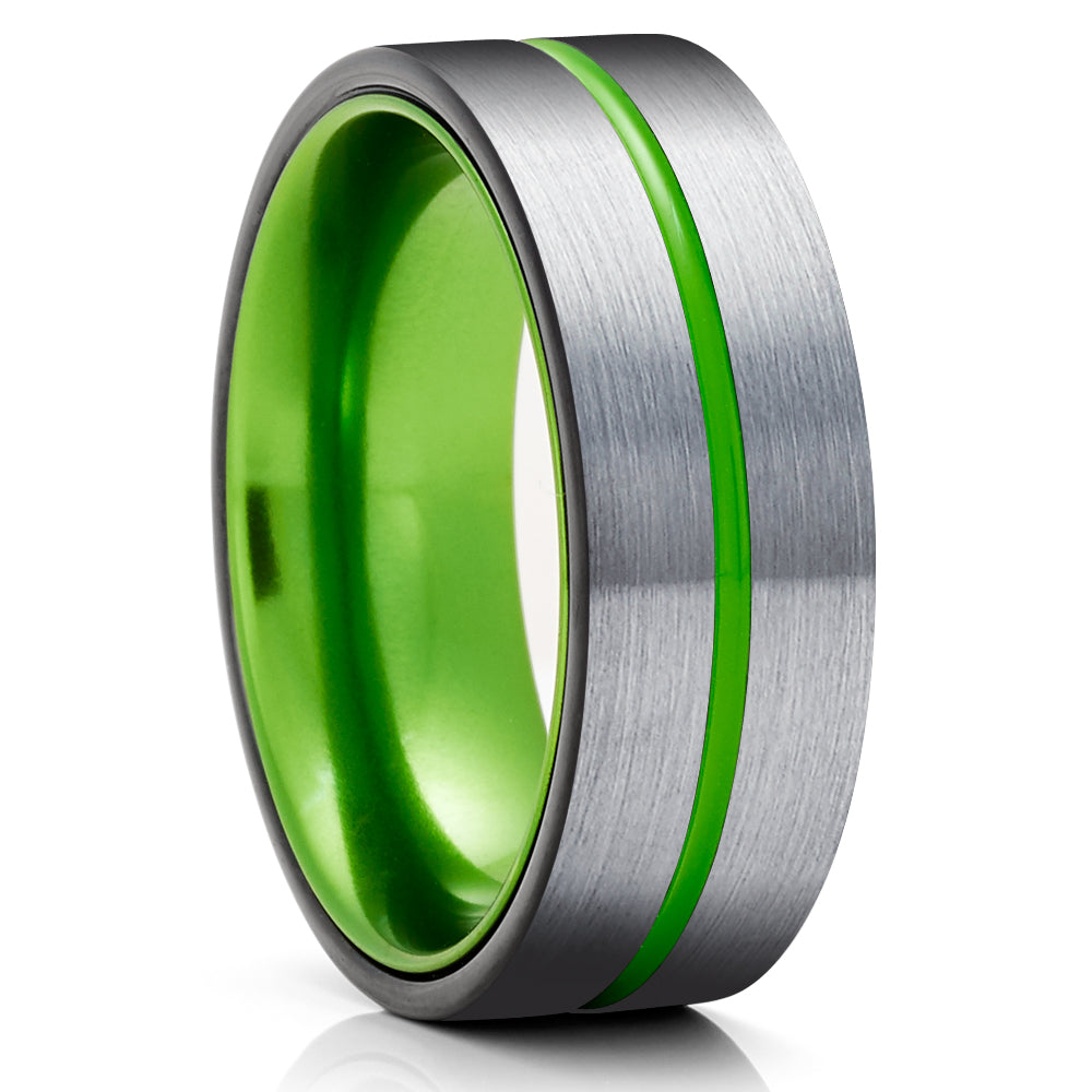 Green Tungsten Wedding Ring - Black Tungsten Ring - Silver Wedding Band - Ring