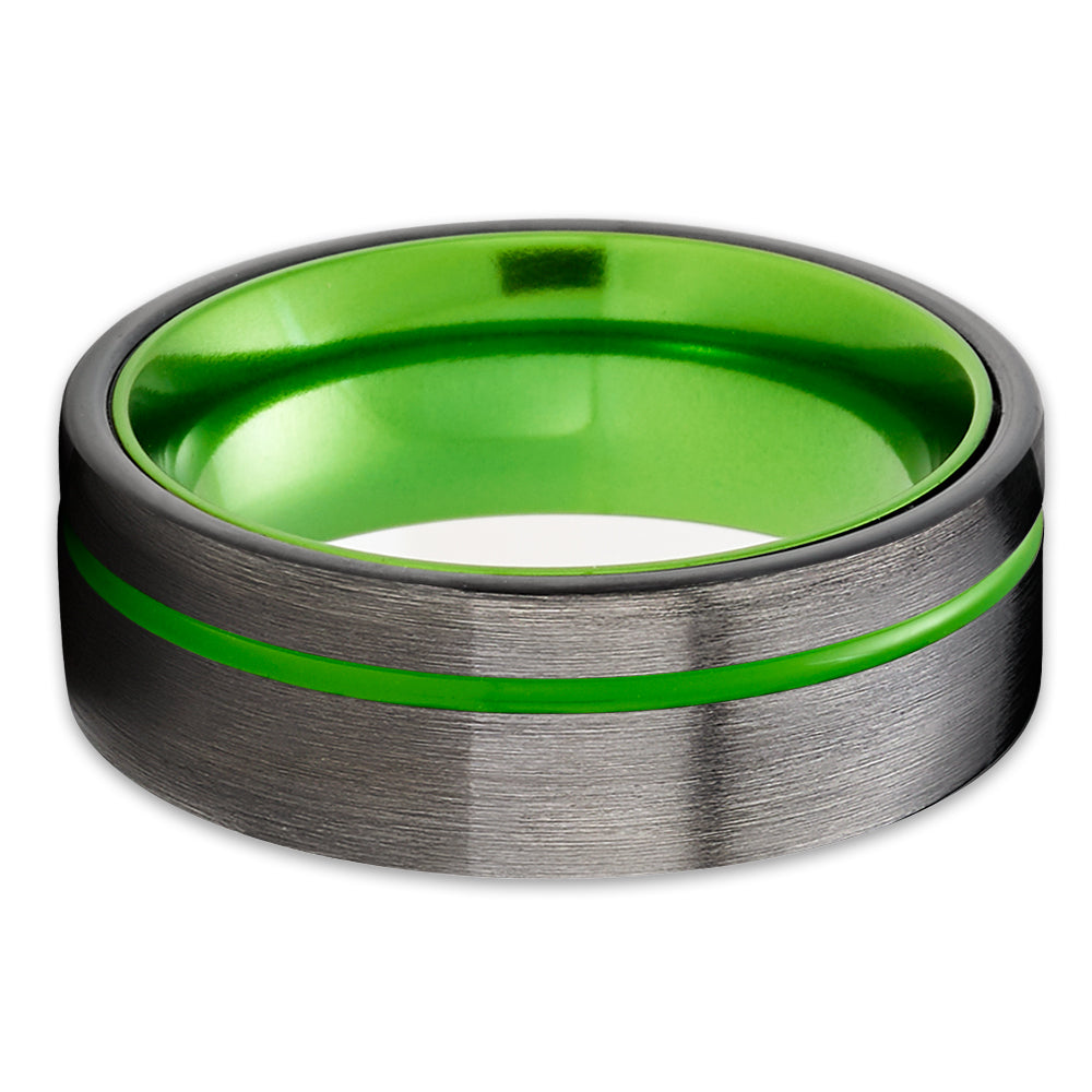 Green Wedding Ring - Gunmetal Tungsten Ring - Tungsten Wedding Band - Green Ring