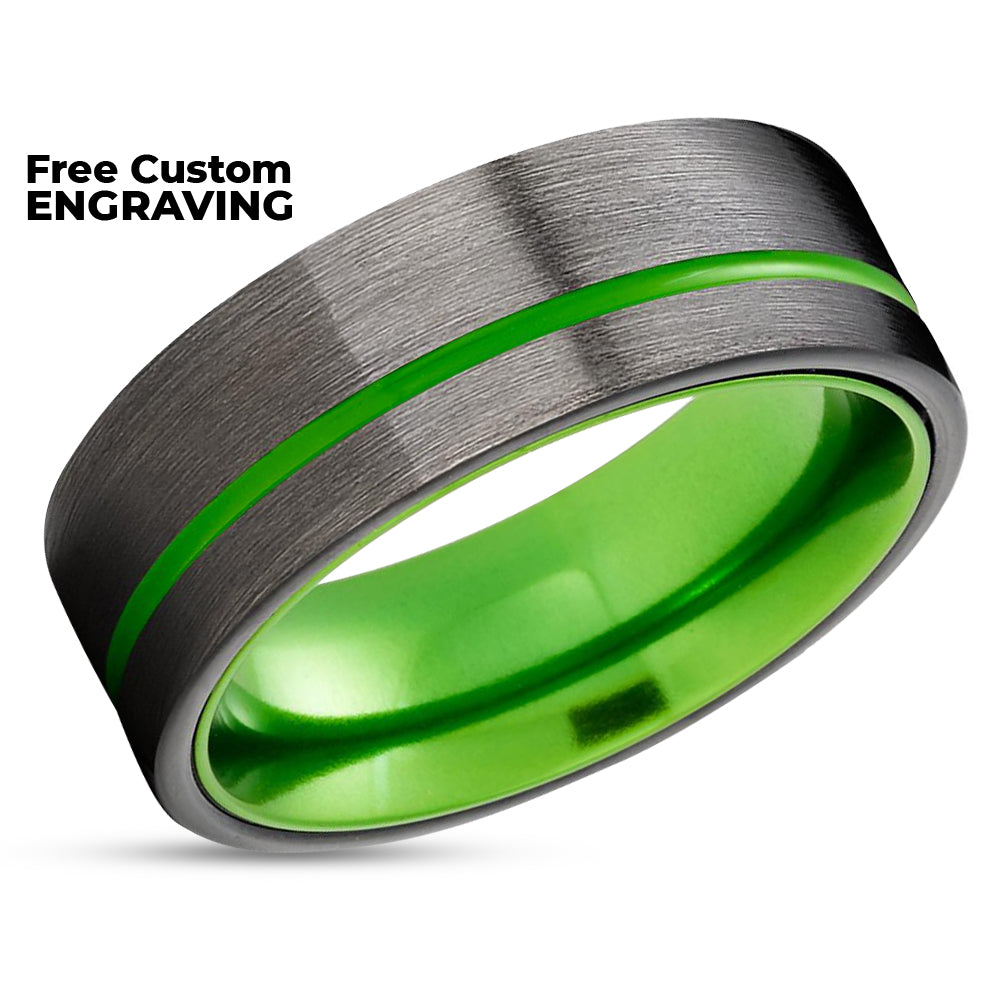 Green Wedding Ring - Gunmetal Tungsten Ring - Tungsten Wedding Band - Green Ring