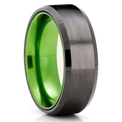 Green Wedding Ring - Black Tungsten Ring - Gunmetal Wedding Band - Tungsten Ring