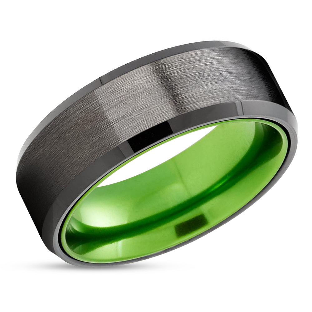 Green Wedding Ring - Black Tungsten Ring - Gunmetal Wedding Band - Tungsten Ring