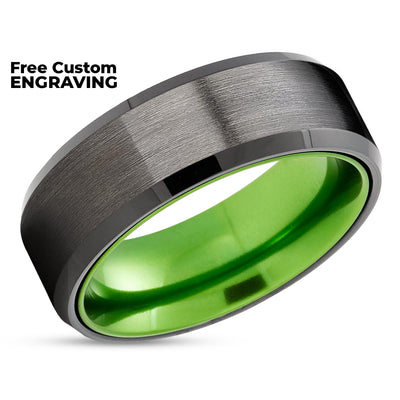 Green Wedding Ring - Black Tungsten Ring - Gunmetal Wedding Band - Tungsten Ring