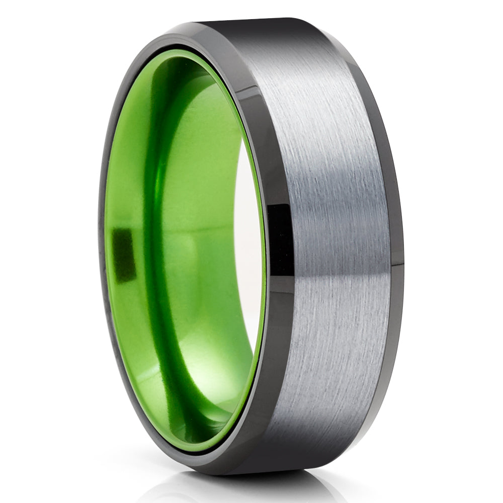 Green Tungsten Wedding Ring - Black Wedding Ring - Tungsten Wedding Ring - Green Ring